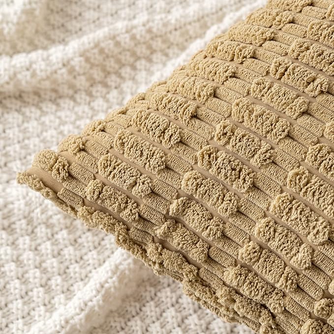 MIULEE Pack of 2 Corduroy Decorative Throw Pillow Covers 18x18 Inch Soft Boho Striped Pillow Covers Modern Farmhouse Home Decor for Sofa Living Room Couch Bed Khaki