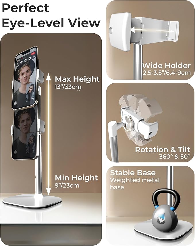 COOPER ChatStand, Adjustable Cell Phone Stand for Desk, Phone Stand for Recording, iPhone Holder for Filming, Small Tripod for iPhone, Fits Samsung, Android Smartphones, (Frost White)