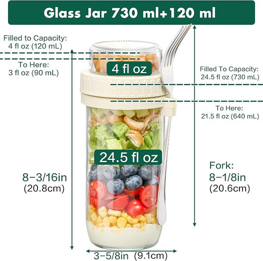 Danmu 24 oz Glass Meal Prep Containers 4-Pack with Lid & Dressing Cup - Leak Proof Salad Jars & Overnight Oats Containers with Lids Stainless Steel Fork Included for On the Go Lunch, Work, Fitness