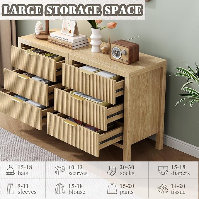 Nightstand with 6 Drawers, Dresser and Nightstand Sets, Bedside Tables, Mid Century Nightstands with 6 Wide Drawers for Bedroom, Kids’ Room, Hallway, (Natural X 2pcs)