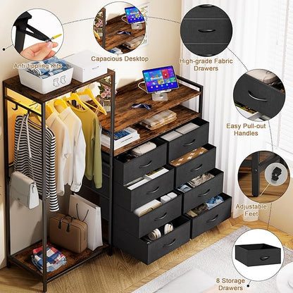 58" H Dresser for Bedroom with Hanging Rack,8 Drawers Freestanding Clothing Rack, Large Capacity Storage Organizer with USB Charging Station & LED Lights for Bedroom Dorm Room Apartment,Grey