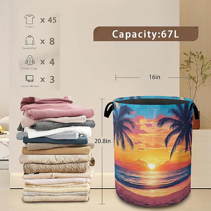 Laundry Hamper,Tropical Palm Laundry Basket,Sunset Sea Beach Waterproof Oxford Cloth Storage Basket with Handle for Clothes Books Nursery Home Storage Sundries 16"x20"