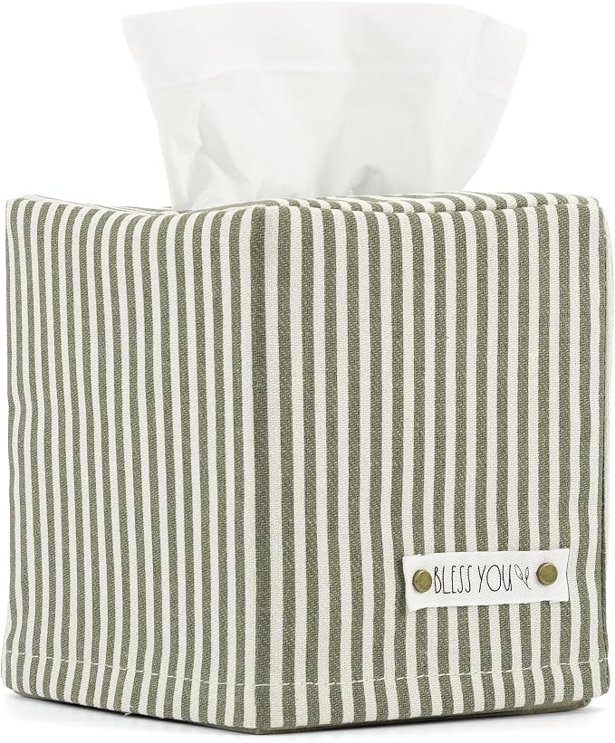 Stylish Tissue Box Cover - This Sage Striped Linen Holder Instantly Covers Your Square Tissue Boxes - The Perfect Cube Cover for Your Bathroom and Home