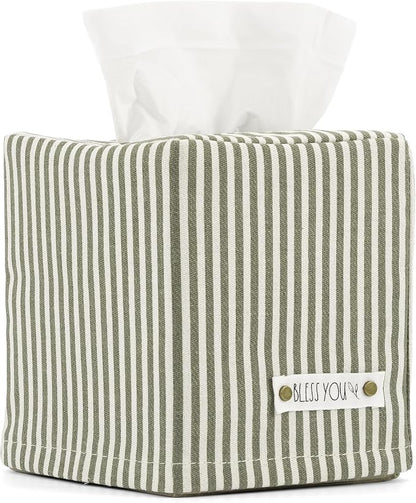 Stylish Tissue Box Cover - This Sage Striped Linen Holder Instantly Covers Your Square Tissue Boxes - The Perfect Cube Cover for Your Bathroom and Home