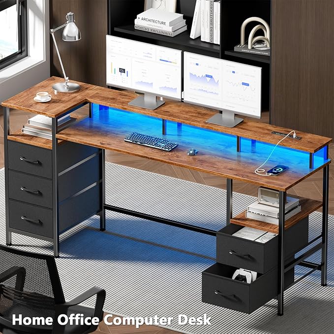 61 Inch Computer Gaming Desk with Power Outlets LED Lights Reversible Home Office with Adjustable Fabric Storage Drawers for Working Writing Study, Rustic Brown