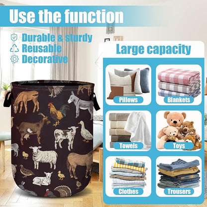 Cute Farm Animals Laundry Basket, Laundry Hamper Collapsible Oxford Cloth with Handle Clothes Toy Storage Bin for Bathroom Laundry Room Bedroom 15.7 X 20 Inch