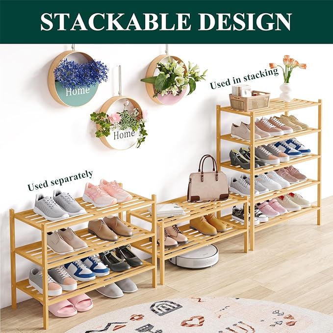 Smiry Bamboo Shoe Rack 2-Tier, Stackable Wooden Shoe Organizer for Entryway & Closet, Free Standing Wood Shoe Storage Shelf for Front Door & Small Spaces, Natural