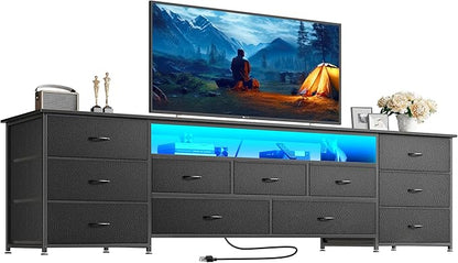 Huuger 78.7 Inch TV Stand for 75, 80 Inch TV, 11 Drawer Long Dresser with Power Outlets and LED Lights, Entertainment Center with Storage, Black Dresser with PU Leather Surface