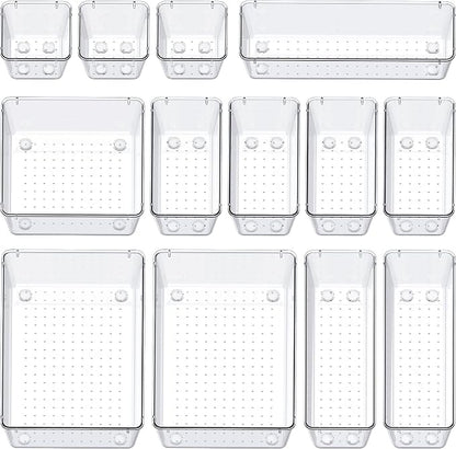 SMARTAKE 13-Piece Drawer Organizers with Non-Slip Silicone Pads, 5-Size Desk Bathroom Drawer Organizer Trays Storage Tray for Makeup, Jewelries, Utensils in Bedroom Dresser, Office and Kitchen, Clear