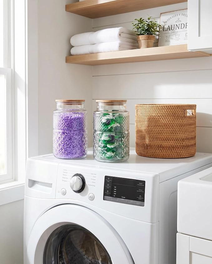 Large Glass Storage Jar, 2 Pack 60 FL OZ Glass Food Storage Containers with Bamboo Lid, Kitchen Laundry Room Organization Decorative Jar for Candy Cookies Coffee Beans Flour Nuts Airtight Glass Jars