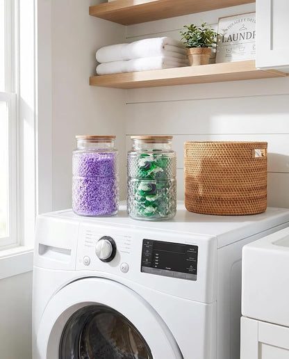 Large Glass Storage Jar, 2 Pack 60 FL OZ Glass Food Storage Containers with Bamboo Lid, Kitchen Laundry Room Organization Decorative Jar for Candy Cookies Coffee Beans Flour Nuts Airtight Glass Jars