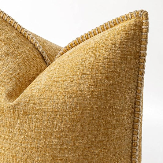 MIULEE Pack of 2 Summer Couch Throw Pillow Covers 20x20 Inch Gold Mustard Yellow Farmhouse Decorative Pillow Covers with Stitched Edge Soft Chenille Solid Dyed Pillow Covers for Sofa Bed Living Room