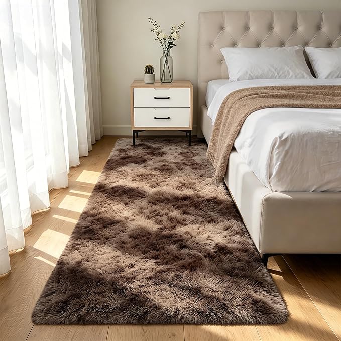 Shag Runner Rug for Bedroom Living Room 3x7 Upgrade Non-Slip Fluffy Soft Bedside Rugs,Shaggy Mottling Brown Carpet for Livingroom Dorm Home Decor Aesthetic
