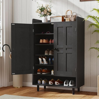 Farmhouse Shoe Cabinet with Doors, 6-Tier Wooden Shoe Organizer with Adjustable Shelves, Entryway Storage Cabinet with Metal Legs, Rustic Shoe Storage for Entryway or Living Room (Black)