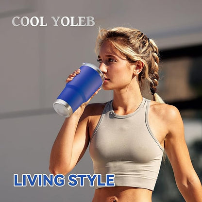 30 oz Tumbler with Lid Stainless Steel Tumblers Bulk Vacuum Insulated Cup Reusable Powder Coated Travel Mug Double Wall Leak Proof Cups Keep Cold Drinks for 12 Hours Blue, Set of 4