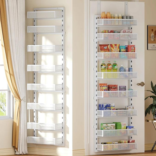 Over the Door Pantry Organizer, 8-Tier Over the Door Spice Rack with Adjustable Baskets, Wall-Mounted or Hanging Shelves for Kitchen, Laundry Room, Bathroom(White, 15.35"W x 5.2"D x 72.6"H)