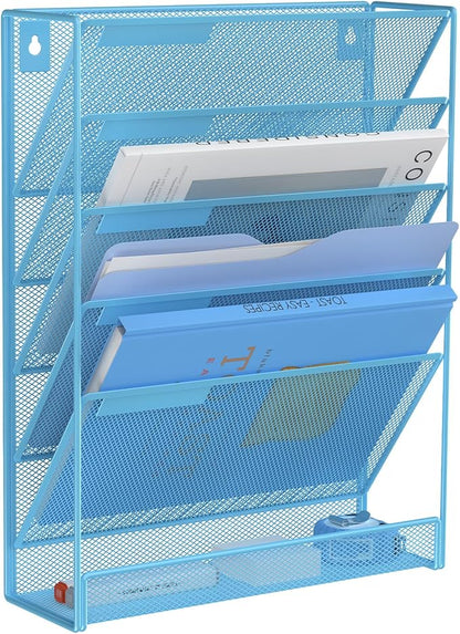 Kuntine.B 6-Tier Wall File Organizer Hanging File Organizer Cubicle Organizer Wall File Holder for Office Home (Blue, 6 Tier)