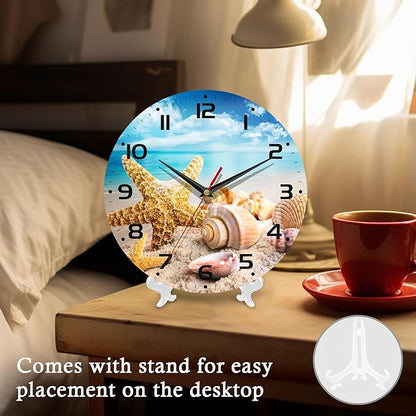 Wall Clock, 10 Inch Silent Non-Ticking Home Kitchen Decor, Battery Operated for Bathroom Bedroom Living Room Office(Starfish Seashells Beach)
