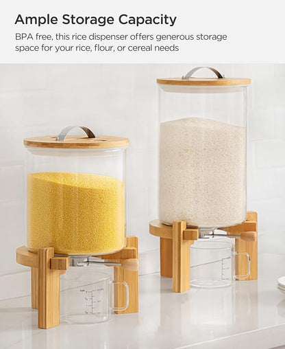 HBlife 8-10 Lbs Glass Rice Dispenser with Wooden Stand Flour and Cereal Container with Glass Measuring Cup Pantry Food Organization Storage Bin with Airtight Bamboo Lid, 5L (2 Pack)