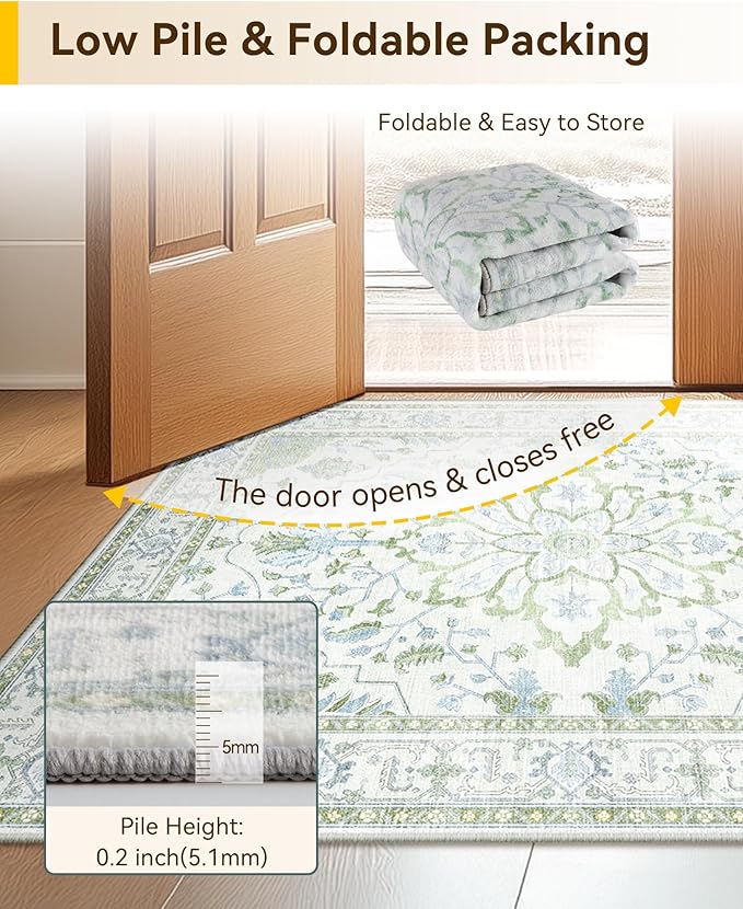 RELEANY Area Rugs 4'x6' Washable Non-Slip, Floral Vintage Distress Medallion Carpet for Living Room Bedroom Dining Room, Green White Blue