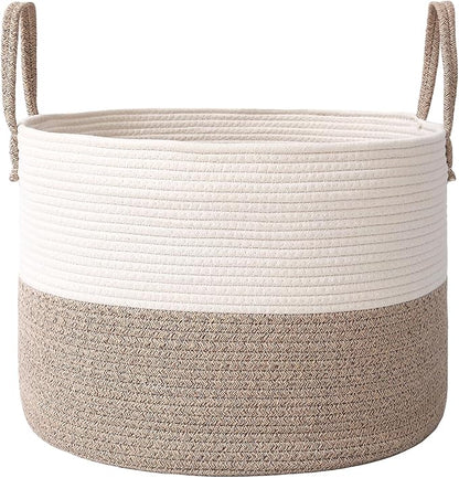JMvicyroam 65L Extra Large Blanket Basket for Living Room - Woven Cotton Rope Laundry Hamper with Reinforced Handles - Storage Bin for Pillows, Comforters & Toys - Machine Washable,White&Brown