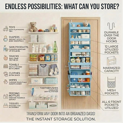 HOMELUX THEORY UPGRADED 6 Tiers Over The Door Organizer Hanging - 100D EXTRA THICK & 50lbs HUGE CAPACITY, 12 Side Mesh Pockets Over The Door Shoe Organizer, Hanging Closet Organizer (Baby Blue, 1pc)