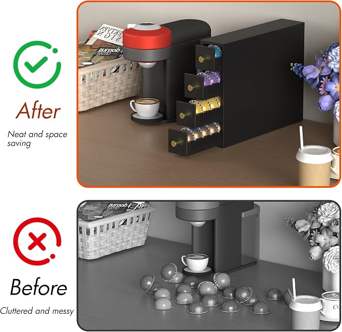 Suli Coffee Pod Holder, 52 Pods Large Capacity, 4-Tier Coffee Pod Organizer for Countertop, Dual Orientation, Space Saving Coffee Capsule Storage Drawer, Black