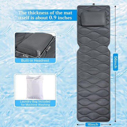 TranquilRelax Bath Pillow for Tub with Laundry Bag & 17 Non-Slip Suction Cups, Extra Thick and Soft Bathtub Pillow for Head, Neck & Shoulder Support, 56" x 16" Grey