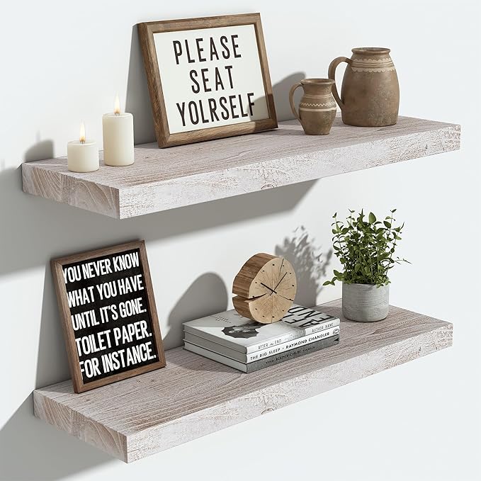 Vivelove Floating Shelves for Wall Solid Elm Wood, 24 Inches Long Rustic Wall Shelf with Invisible Bracket for Living Room Bedroom Bathroom Office, Farmhouse Wall Decor, Set of 2 - Weathered White