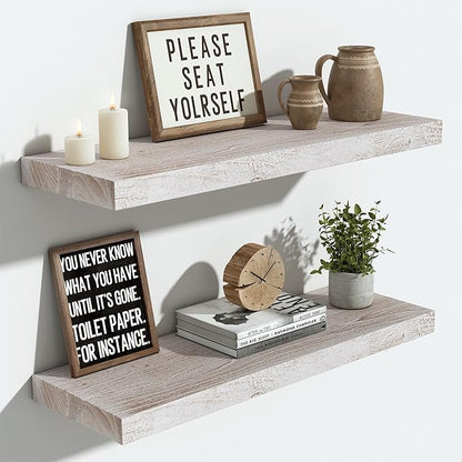 Vivelove Floating Shelves for Wall Solid Elm Wood, 24 Inches Long Rustic Wall Shelf with Invisible Bracket for Living Room Bedroom Bathroom Office, Farmhouse Wall Decor, Set of 2 - Weathered White
