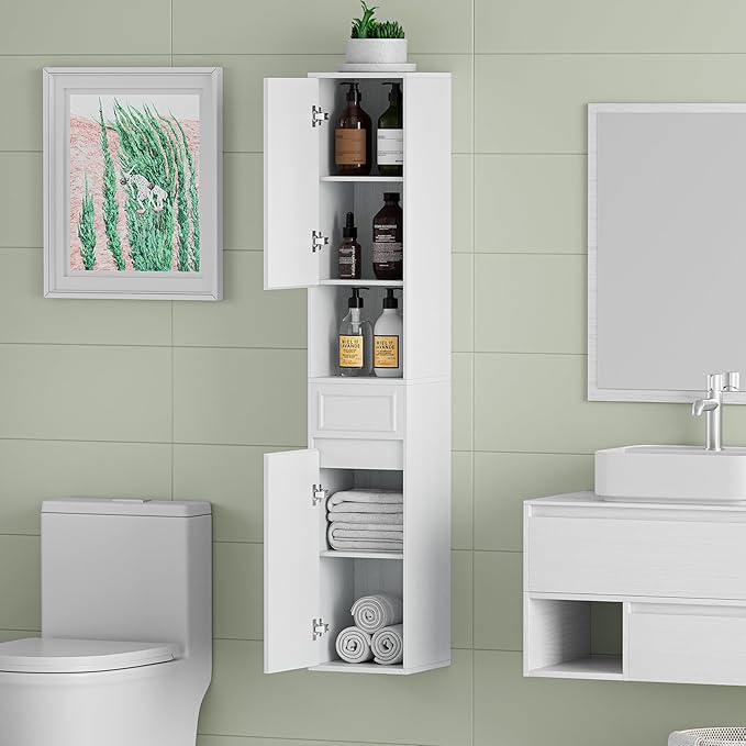 Tall Bathroom Storage Cabinet, Wall Mounted or Floor Mounted,Narrow Slim Wall Cabinet with 2 Door, 1 Drawer, Open Shelf for Living Room, 11.81" D x 11.81" W x 65" H (Embossed White, 1 PCS)