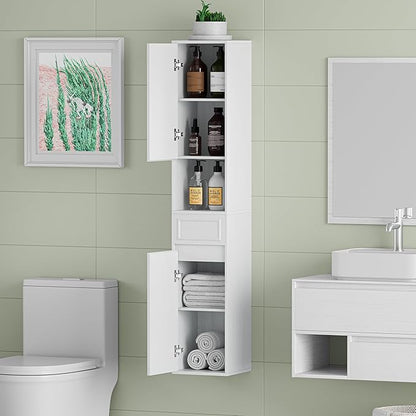 Tall Bathroom Storage Cabinet, Wall Mounted or Floor Mounted,Narrow Slim Wall Cabinet with 2 Door, 1 Drawer, Open Shelf for Living Room, 11.81" D x 11.81" W x 65" H (Embossed White, 1 PCS)
