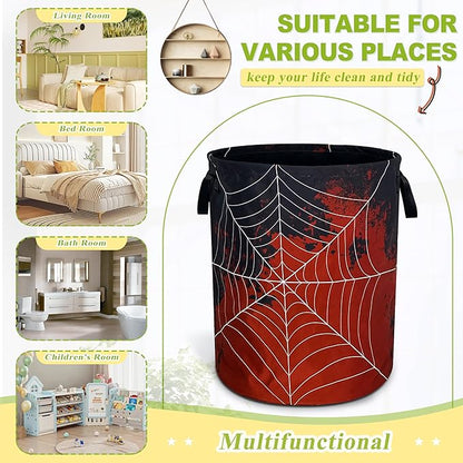 Spider Web Laundry Basket Funny Blood Splatter Foldable Waterproof Oxford Cloth Tote Bag Laundry Hamper Round Large Clothes Storage Bucket Organizer For Bathroom/Laundry Storage/Bedroom 18.9x16.5 Inch