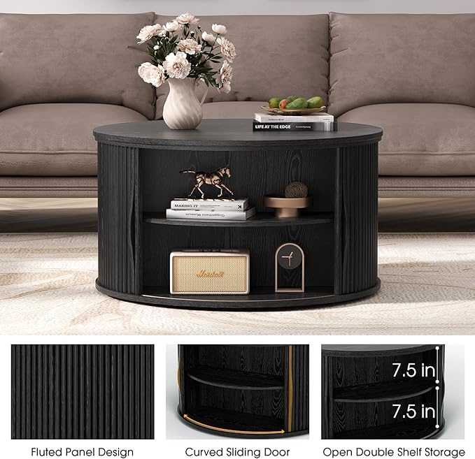 SULIVES Round Coffee Table with Lifting Top, Multifunctional Drum Coffee Table with Sliding Door, Small Fluted Center Table for Living Room, Black