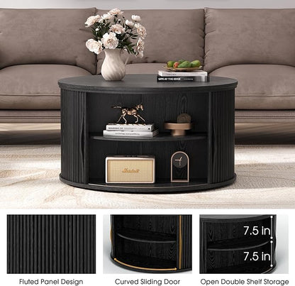 SULIVES Round Coffee Table with Lifting Top, Multifunctional Drum Coffee Table with Sliding Door, Small Fluted Center Table for Living Room, Black