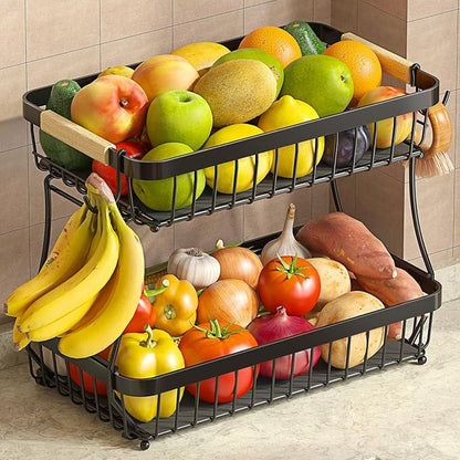 Sevenblue 2 Tier Large Fruit Basket for Kitchen Counter with 2 Mobile Banana Hangers, 2026 Pro Detachable Metal Fruit Bowl with Wooden Handle (Black, 2 Tier Extra Large)