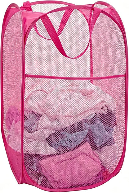 Larpur Popup Laundry Basket, Collapsible Portable Mesh Clothes Washing Laundry Hamper with Reinforced Carry Handles (Pink)