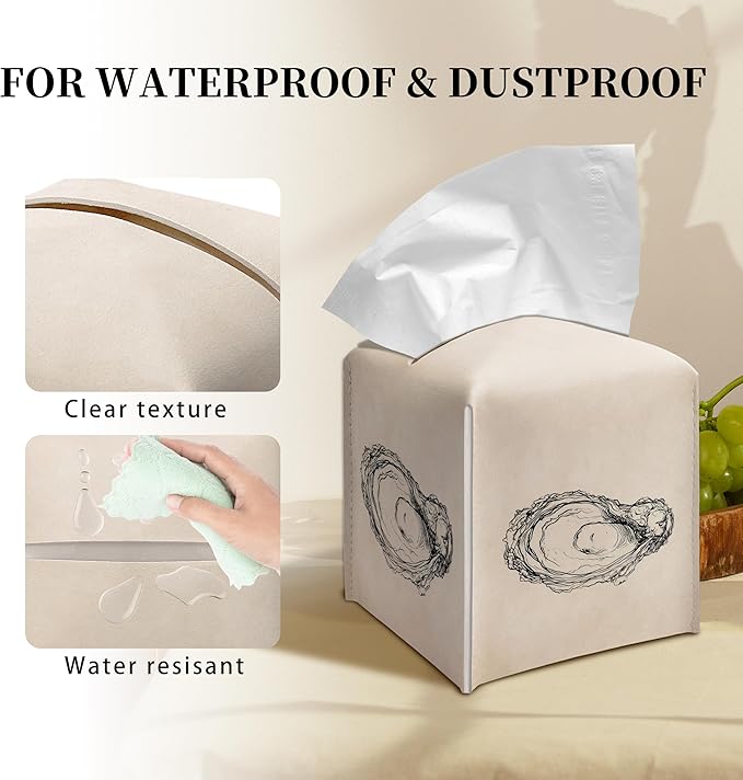 Grace Yonks Minimal Tissue Box Cover Square - Oyster Line Art Design 5.2" PU Leather Holder for Vanity, Desk, or Bathroom Counter - Cube Case for Facial Tissues. (112)