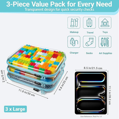 YQBRAO 3-Pack Large Clear Hard Shell Zipper Case, 1.2mm Rigid Toy & Cosmetic Bags, Heavy-Duty Diaper Bag Pouch Set with YKK Zippers, Waterproof Travel & Makeup Storage (Blue)