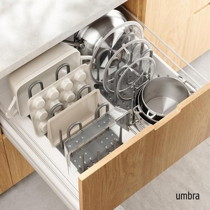 Peggy Kitchen Drawer Cupboard Organizer Tray - Adjustable Storage System For Food Containers, Cookware, Serveware, Utensils and More, Large, Grey