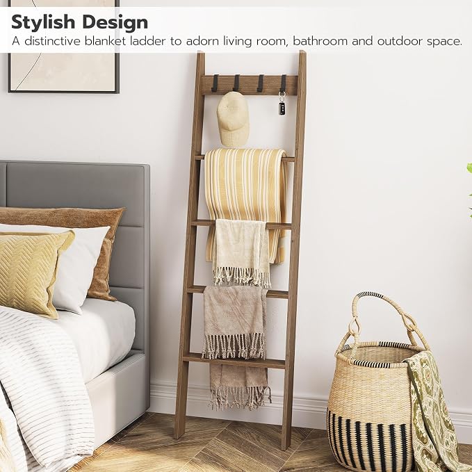 HOOBRO Blanket Ladder for Living Room and Bedroom, Standing Towel Rack, Decorative Ladder Shelf, Wall Leaning Farmhouse Blanket Storage, Towel Rack, Bathroom, 02LB01-51CJ01G1