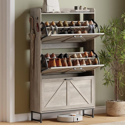 Shoe Cabinet with 3 Flip Drawers, Freestanding Hidden Shoe Storage Organizer for Entryway, Narrow Slim Shoe Rack Cabinet with Open Storage & Hooks for Front Door Entrance, Living Room, Hallway, Grey
