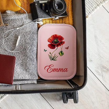 CALLIE Personalized Travel Jewelry Box for Women, Retro Gemstone Birth Flower PU Leather Jewelry Organizer Case with Name and LED Mirror, Valentine’s Day Birthday Gifts for Mom Sister Daughter Wife