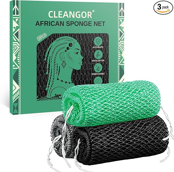 Cleangor 3Pcs African Net Sponge Authentic with Knots - Exfoliating Body | Scrubber for All Skin Types, African Bath Sponge, Wash Cloth, Gentle Exfoliation Shower Rag for Women Daily Use