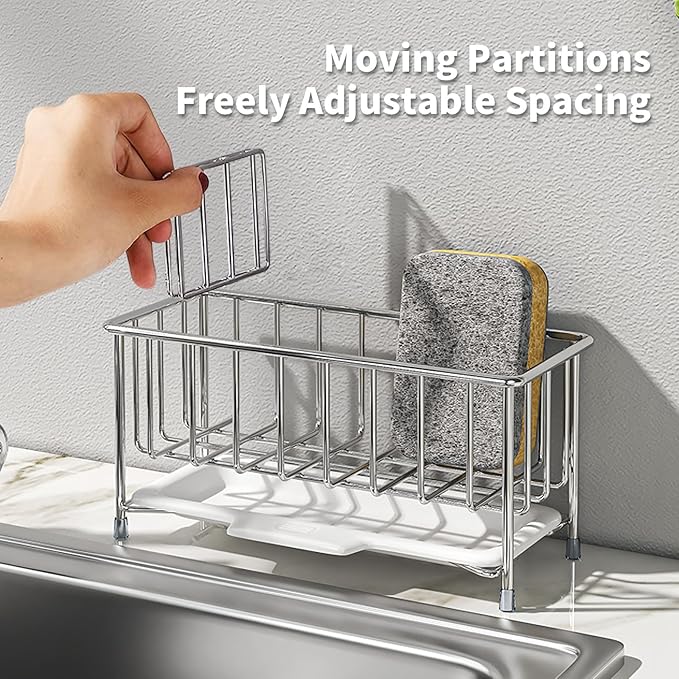 MAXCOOK Kitchen Sink Sponge Holder, 304 Stainless Steel Soap Dispenser Caddy Organize, Kitchen Sink Brush Caddy Holder with Removable Drain Tray