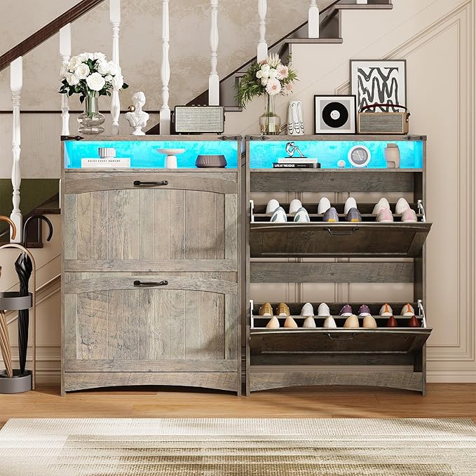 Rustic Gray Shoe Storage Cabinet, Slim Hidden Shoe Rack Organizer Cabinet, with 2 Flip Drawers & Open Storage & RGB Lights, for Entryway, Front Door Entrance, Hallway