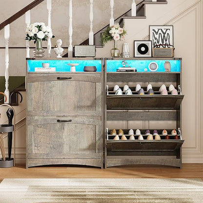 Rustic Gray Shoe Storage Cabinet, Slim Hidden Shoe Rack Organizer Cabinet, with 2 Flip Drawers & Open Storage & RGB Lights, for Entryway, Front Door Entrance, Hallway