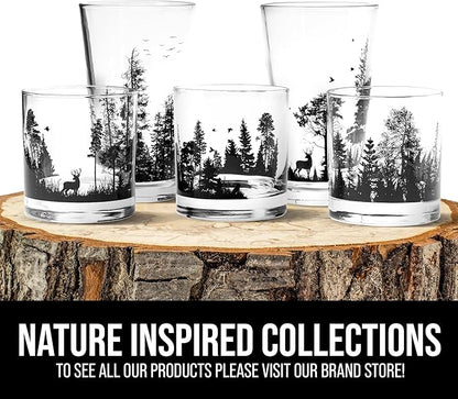 Black Lantern Nature and Animal Themed Whiskey Glass Set 11oz Premium Heavy Base Glasses for Outdoor Enthusiasts Set of 2 Everyday Drinking Glasses (Double Exposure Bear)