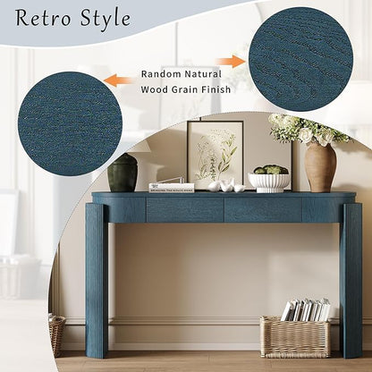 Entryway Table with Natural Wood Grain Finish, Console Table with Fluted Design, Oval Top and 2 Drawers for Entryway and Living Room (Navy)