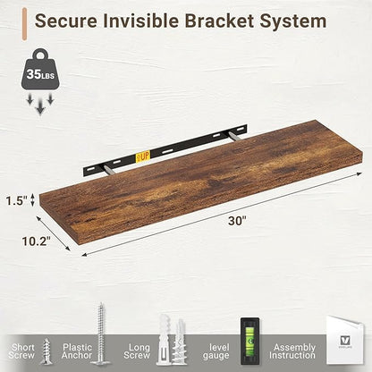 Vivelove 10 Inch Deep Floating Shelves 30 inch Long, 30 x 10 Wide Wall Shelves with Invisible Brackets, for Bedroom Bathroom Living Room Kitchen Office, Farmhouse Home Decor, Set of 2, Rustic Brown